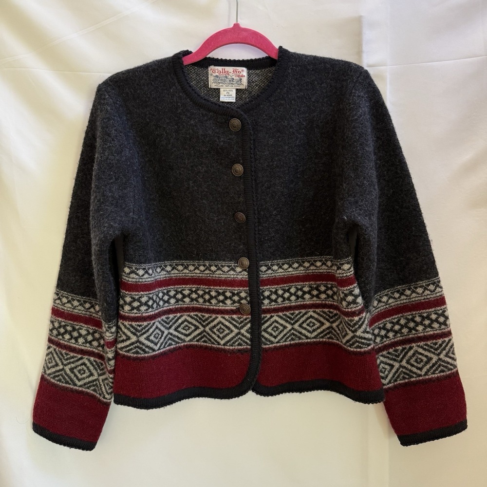 Vintage Tally Ho 100% Wool Nordic Cardigan Sweater - Gray/Red - Women's PS